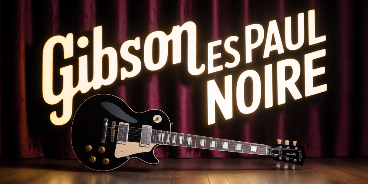 gibson les paul noire sur support bois lumiere chaude