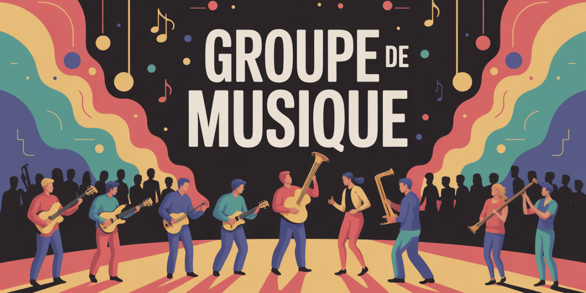 Scène musiciens sur estrade, mot groupe de musique, ambiance dynamique