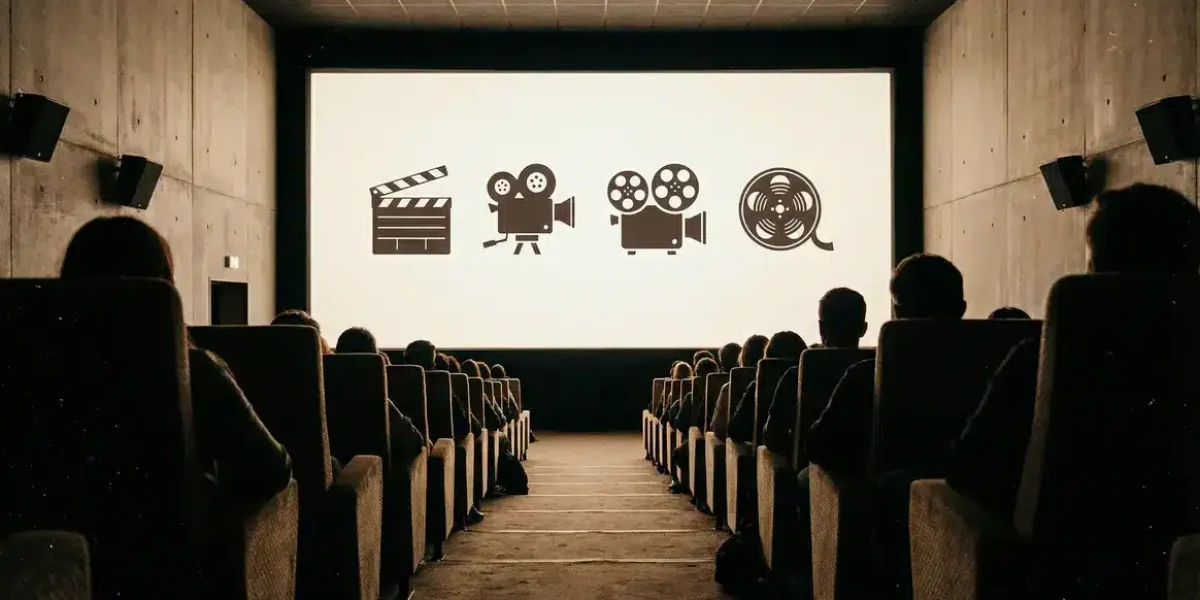 Salle de cinéma moderne avec icônes universelles du 7e art