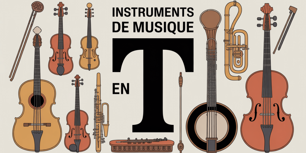 Illustration instruments musique lettre T fond uni
