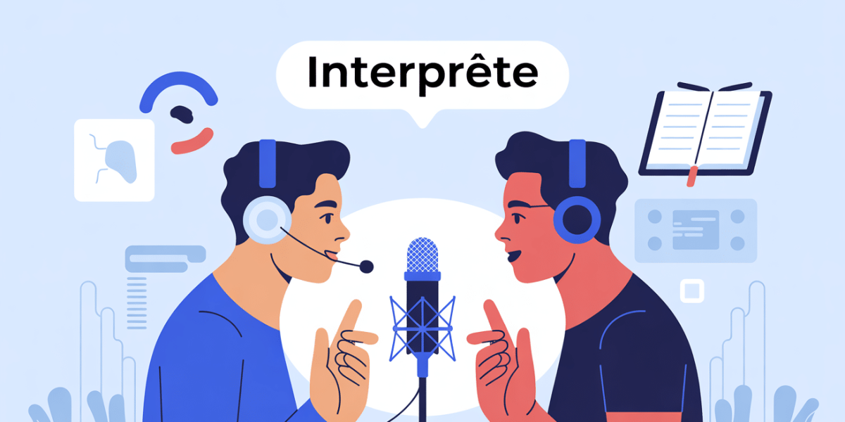 illustration interprete dialoguant micro casque notes