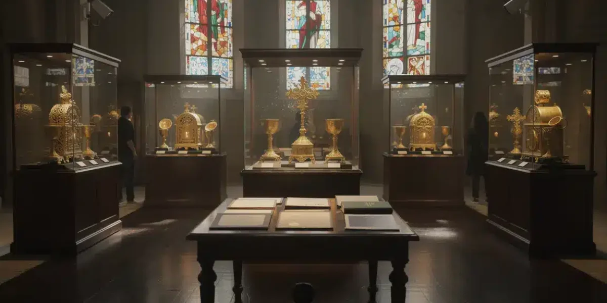 Salle collection art sacré objets religieux or vitraux documents