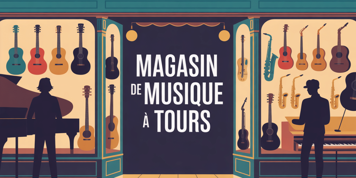 devanture magasin de musique tours avec instruments et musiciens