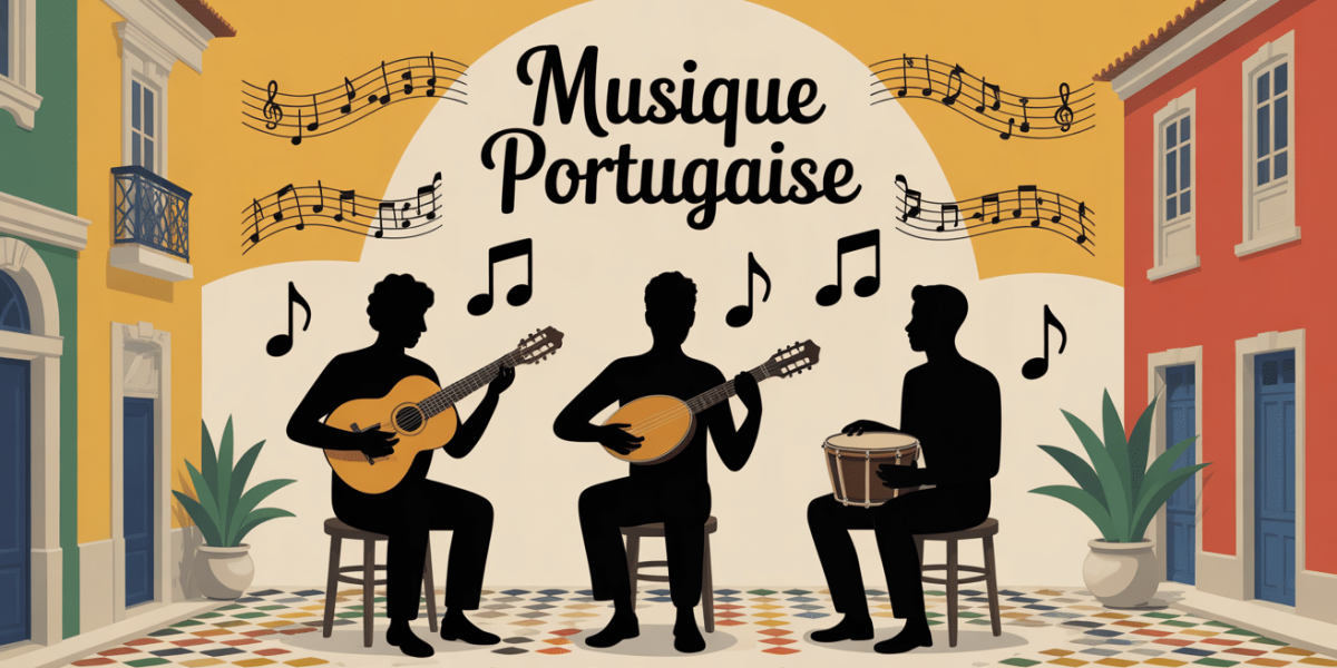 Scène stylisée musique portugaise avec guitare, cavaquinho et tambourin