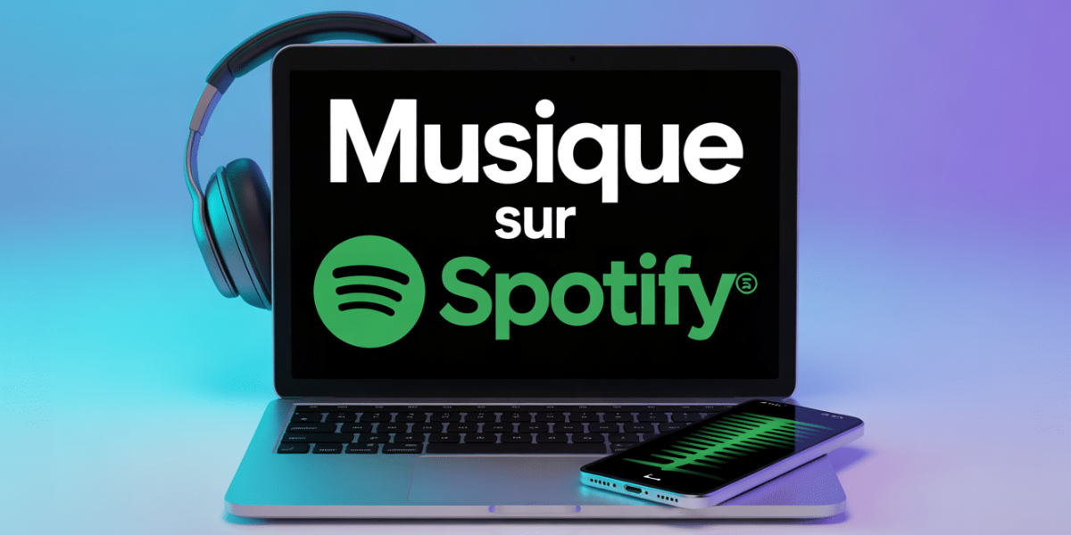 Scène ordinateur portable casque smartphone musique sur Spotify