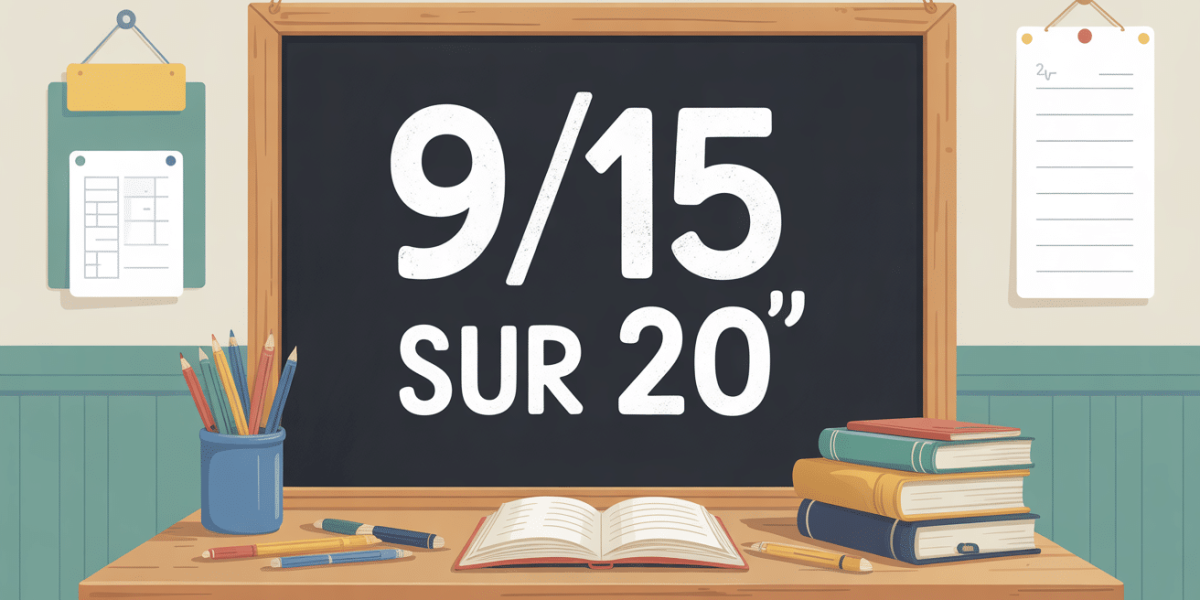 table d'ecole avec note 9/15 sur 20 au tableau