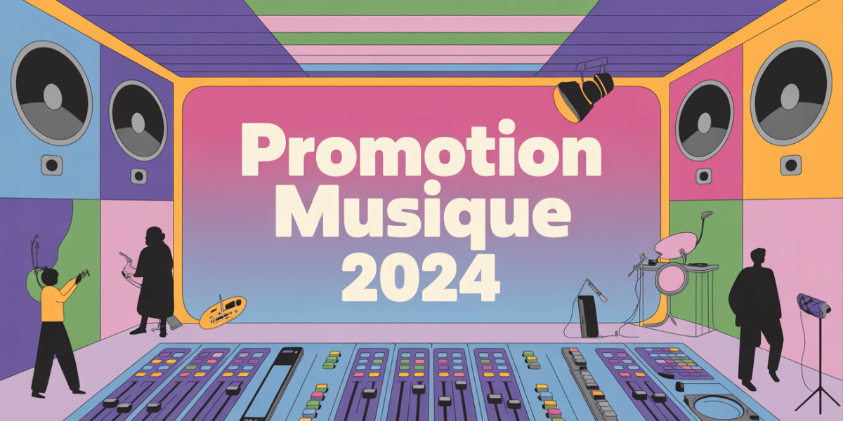 Promotion musique 2024 fond studio moderne et réseaux sociaux