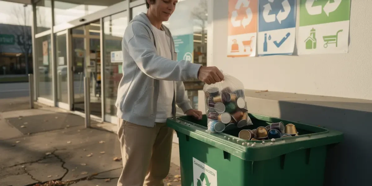 depot capsules cafe pour recyclage devant supermarche