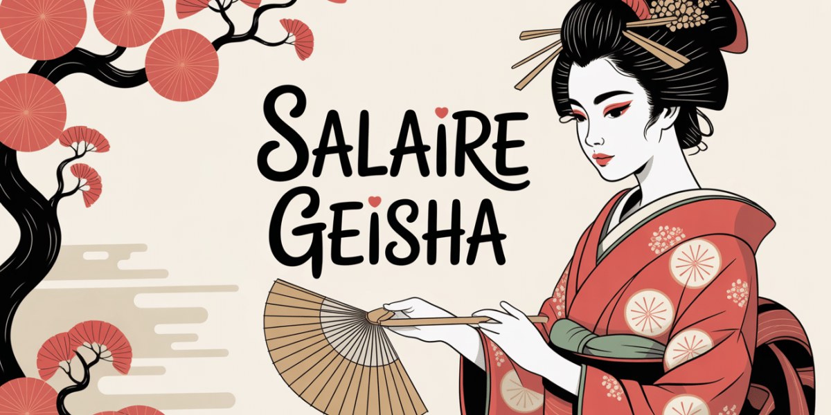 Silhouette de geisha en kimono, eventail, decor japonais, titre Salaire geisha