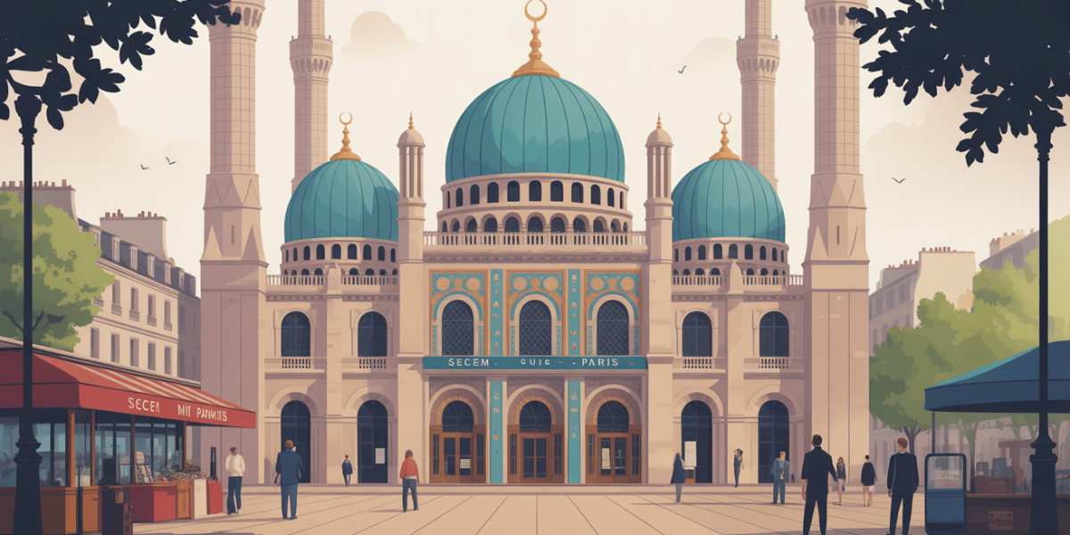 Illustration stylisée de la SECEM Paris sur la facade de la Grande Mosquée