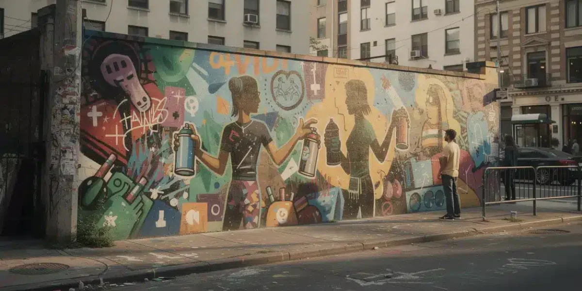 Fresque street art colorée silhouettes urbaines