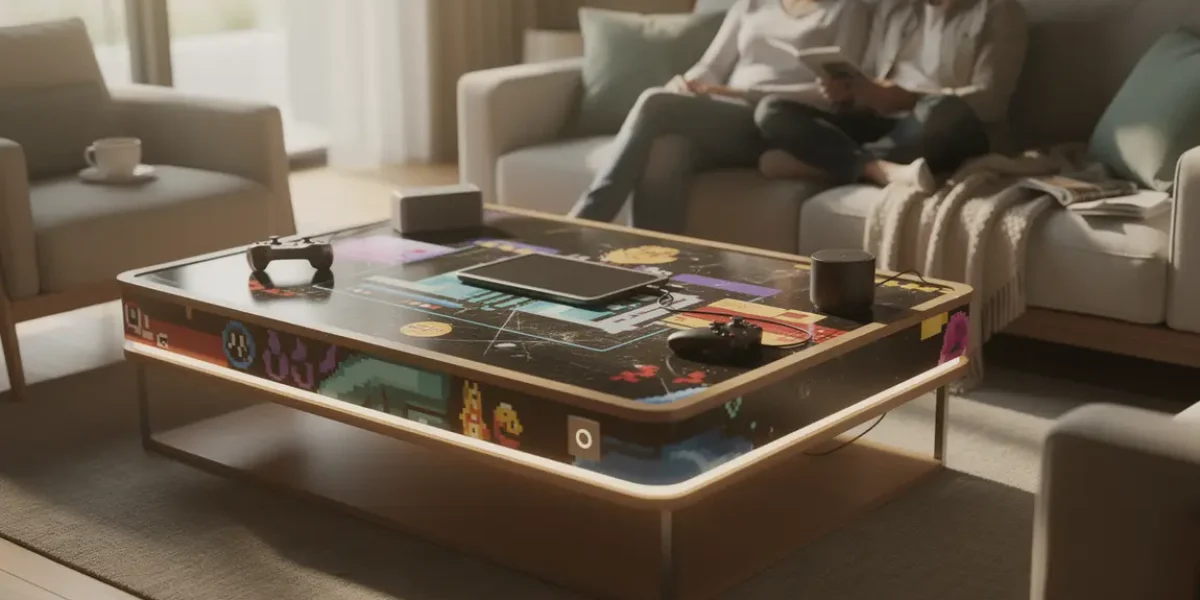 table basse pong interactive dans salon moderne