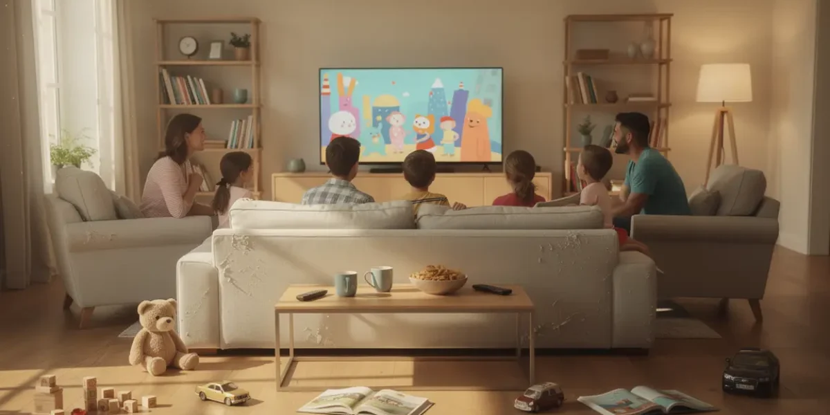 Famille regarde dessin animé T’choupi salon ambiance positive