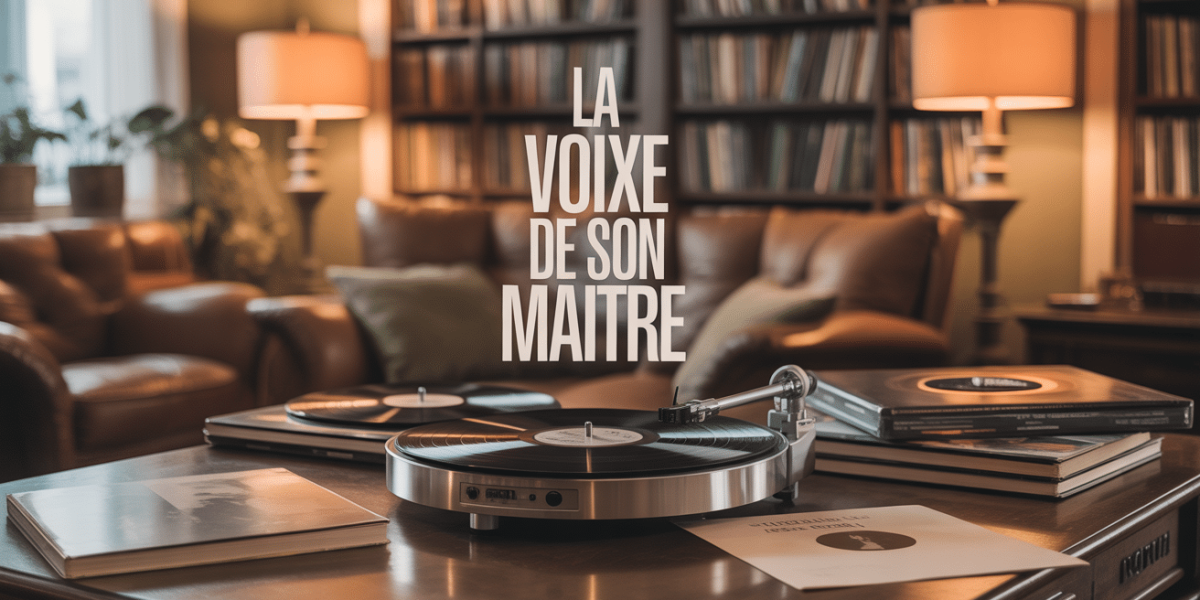 Tourne disque La Voix de son Maître sur table bois vinyles retro