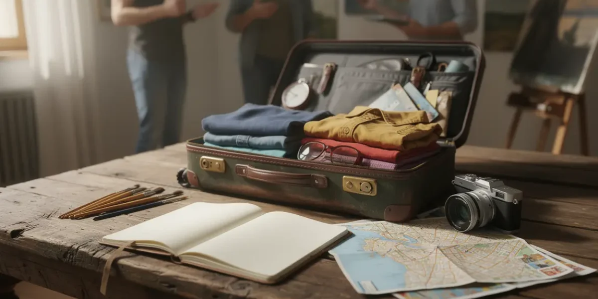 Préparation d’un voyage artistique avec valise carnet et pinceaux